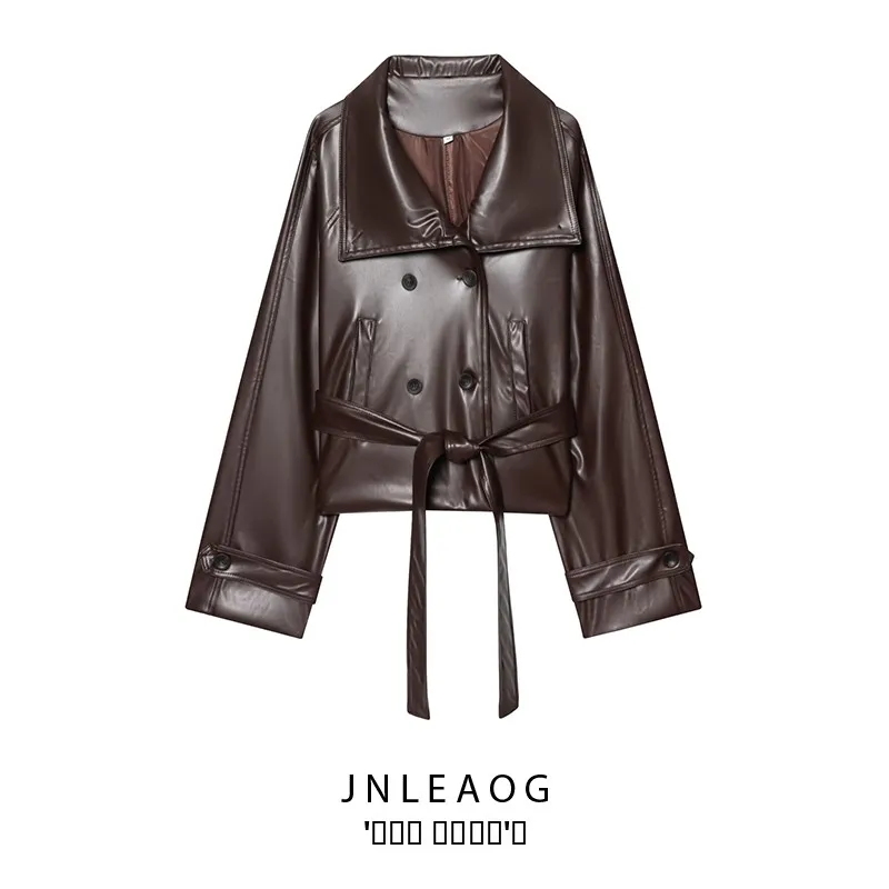 JNLEAOG 秋の新作レディースファイオンダブルブレストコート、クロージャーベルト装飾付きフェイクレザーターンダウンカラー