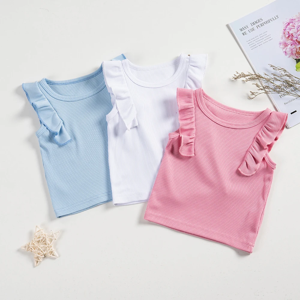 3 pieces  Toddler Girls Summer Solid Color T-Shirt Kids Dash Sleeve Design Tops Casual Peplum Tops