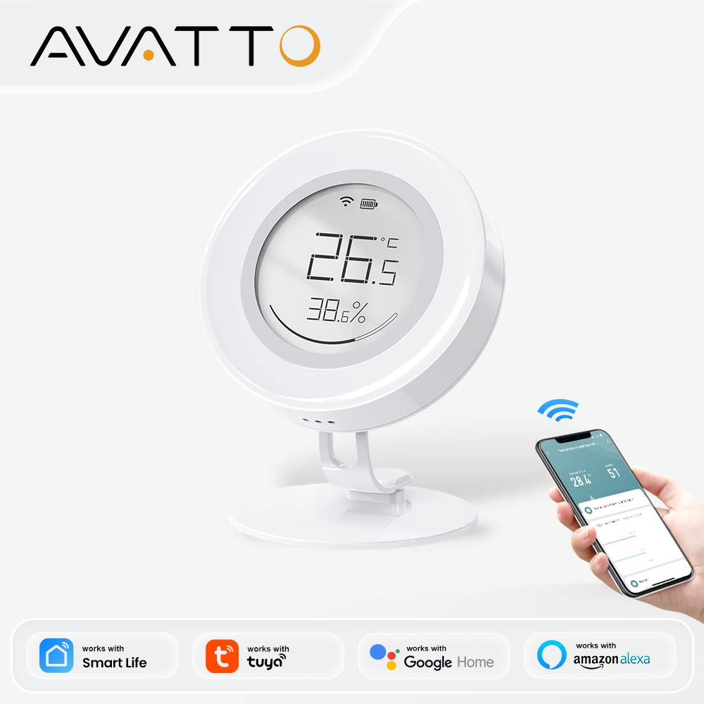 AVATTO Tuya ZigBee Temperature And Humidity Sensor E-ink Screen Smart Home Automation APP Control Work For Z2M Alexa Google Home