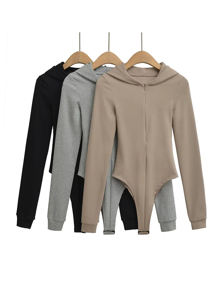 

Women Long Sleeve Hooded Bodysuits Spring Autumn Solid Color Elastic Slim Tops Jumpsuits