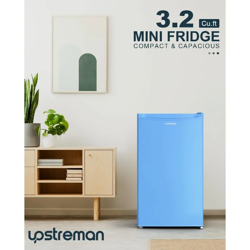 Upestreman Mini Geladeira com Congelador, Porta Única, Termostato Ajustável, Geladeira para Dormitório, Escritório, Quarto, 3,2 Cu. ft