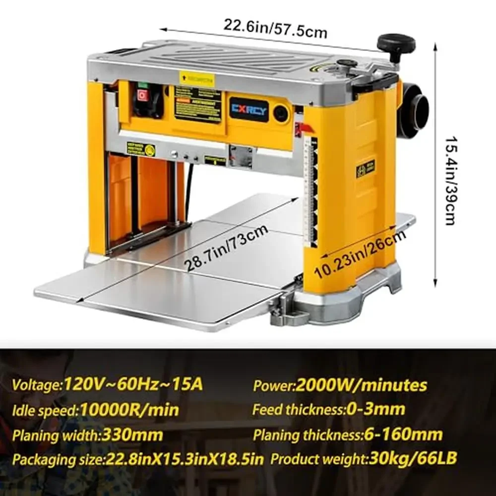 Benchtop Thickness Planer Three-Solid Steel Blade 2000W 15-AMP 20,000 RPM Cutter-Head Speed Dust Removal System Stability