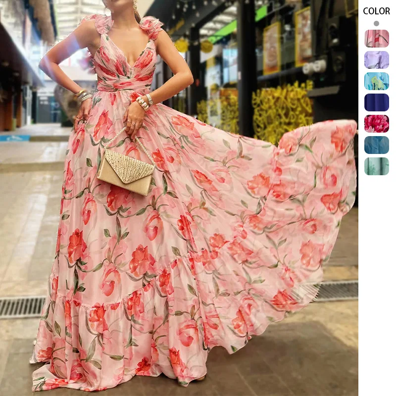

2026 Summer New Fashion Women's Dress With Printed Design, Back Tie, Large Hem, Elegant Long Dress For Women Boho Casual Party