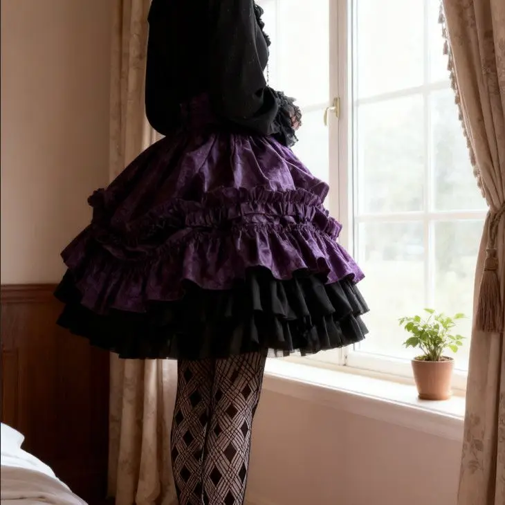Coalfell Gothic Lolita Halloween Daily Niche High Waist Skirt Women Subculture Vintage Ruffles Patchwork Purple Black Goth Skirt