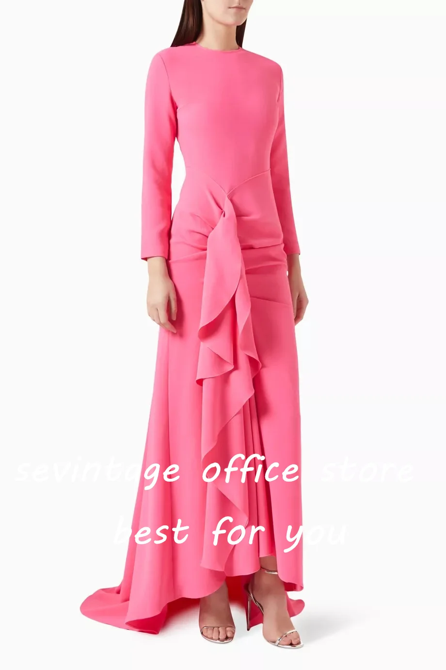 Sevintage Pink Mermaid Prom Dresses Long Sleeves Saudi Arabic Evening Gowns Pleat Ruched Formal Occasion Dress