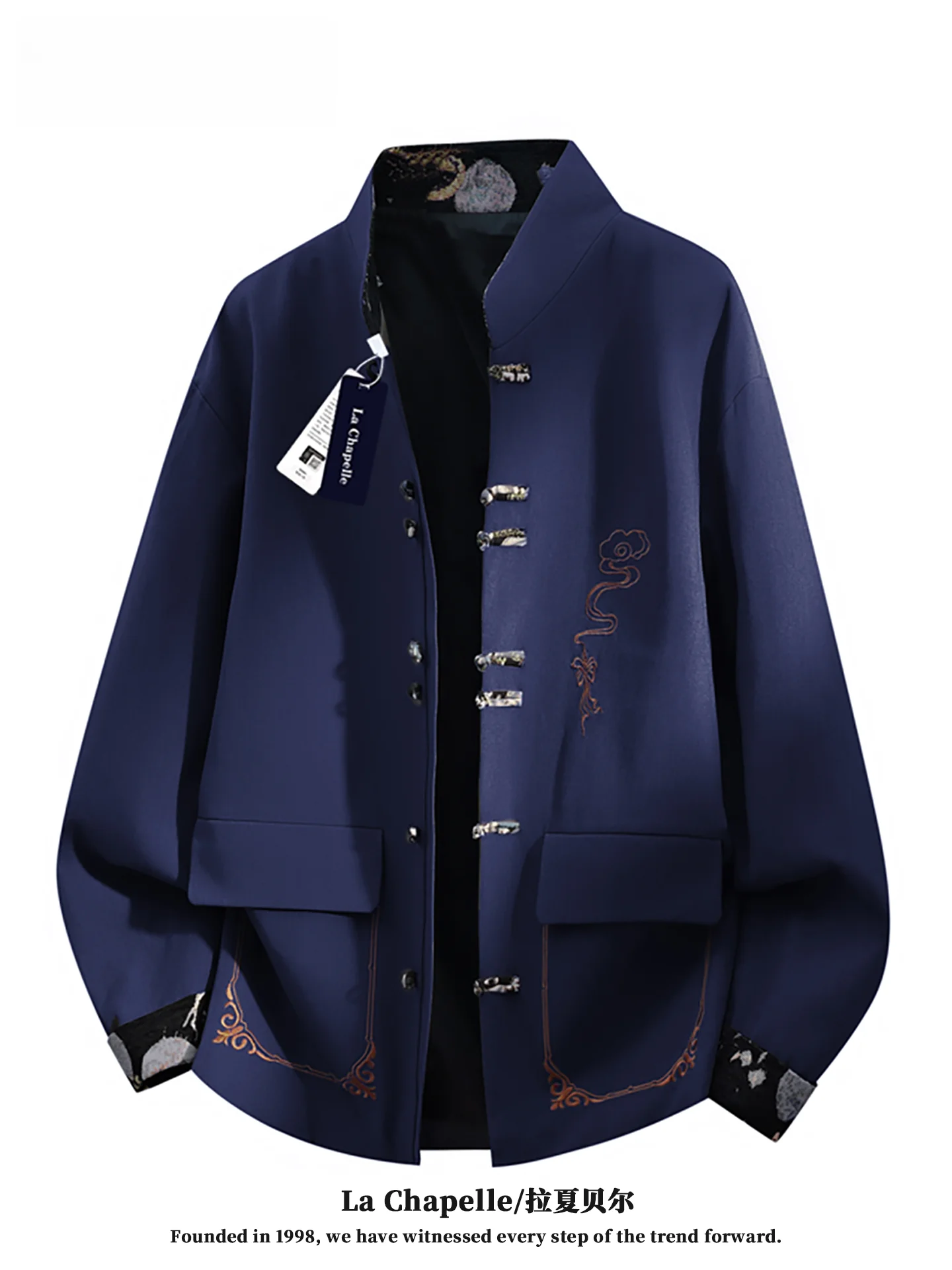 

La Chapelle Spring 2026 Men's Loose Shirt Style Stand Collar Jacket Hanfu Inspired Printed Polyester Casual Long Sleeve Coat