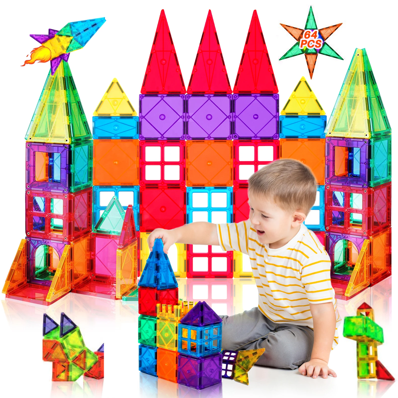 Magnetic Building Blocks 64 Pieces 3D Magnetic Construction Toys Children Stem Creativity Educational Toys Gifts for Ages 3+