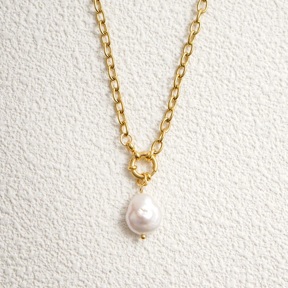 عقد من اللؤلؤ الطبيعي للنساء ، الفولاذ المقاوم للصدأ ، قلادة مشبك بحار ، لون ذهبي وفضي ، رولو تشيان معدني ، كولير حجري #1