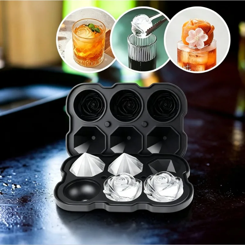 Silicone Ice Cube Tray with Cover,6 Cavity Rose Ice Ball Maker Ice Cube Mold Easy Release for Chilled Cocktails, Whiskey Juice