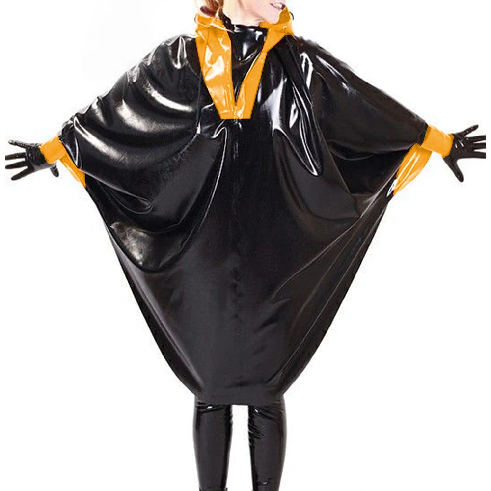 Glossy Fetish Hooded Long Capes, Wet Look Loose Robe Coat, Halloween Party, Shiny Faux Leather, Batwing Long Sleeve Ponchos