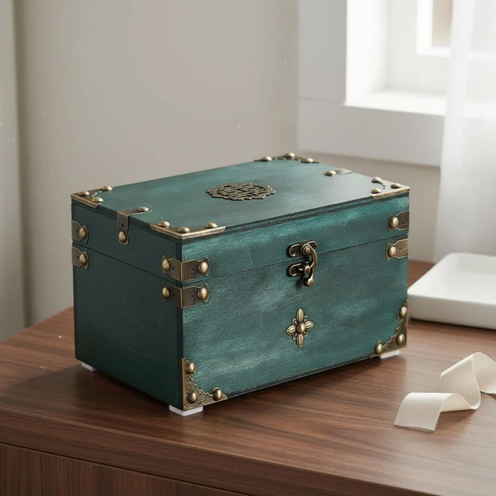 Wooden Jewelry Box Lockable Design Chinese Design Keepsake Box Antique Design Treasure Chest Multifunctional for Home Decor view 6