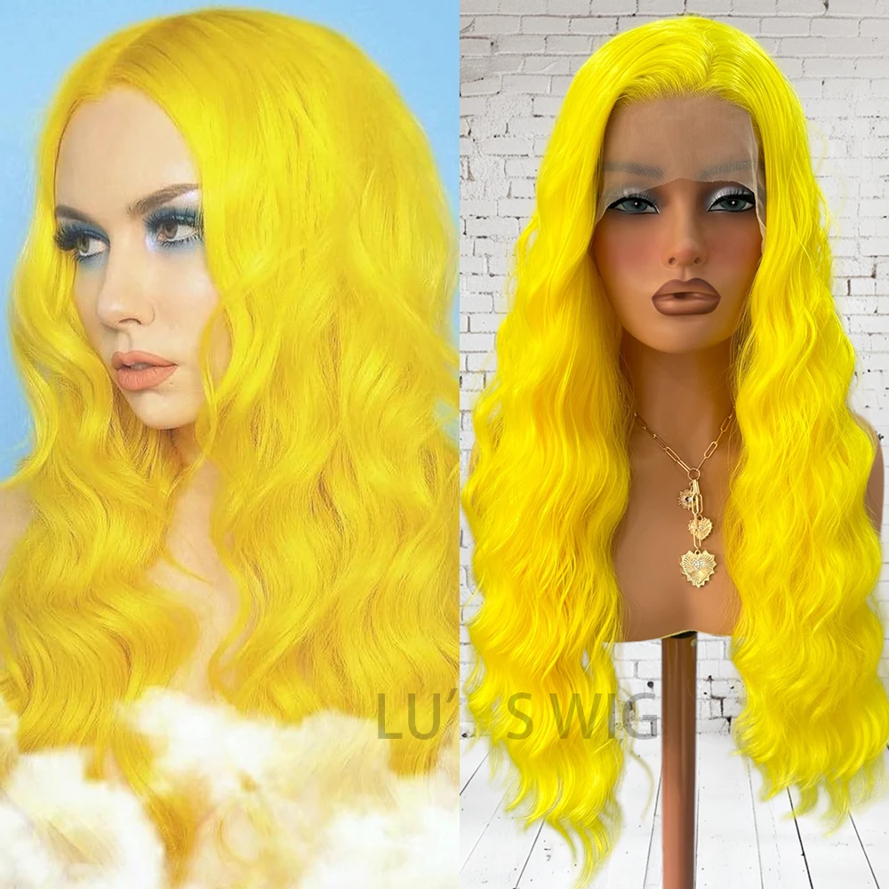 Yellow Natural Wave Lace Wig Synthetic Lace Hair Long Loose Curly Wig Yellow Wig Lace Front Wigs for Women Ready to Wear Cosplay