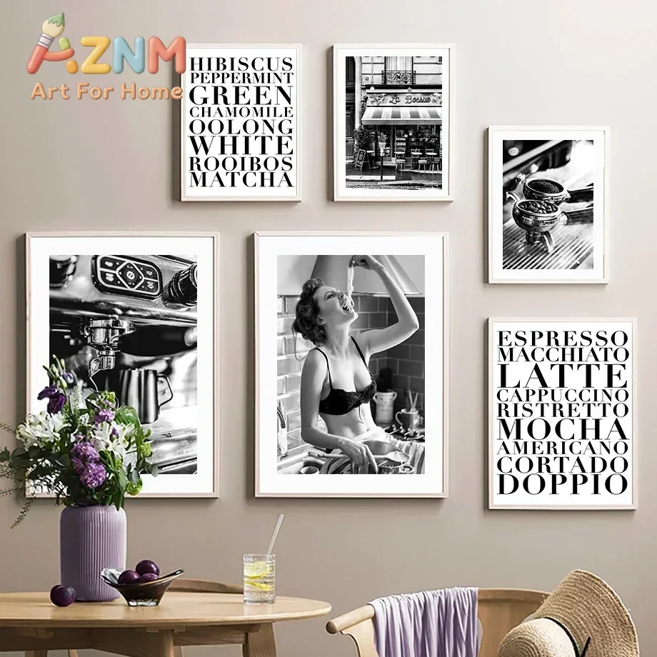 Champagne Coffe Wine Paris Girl Black White Living Room Decoration Posters And Prints Canvas Painting Wall Art Home Decor