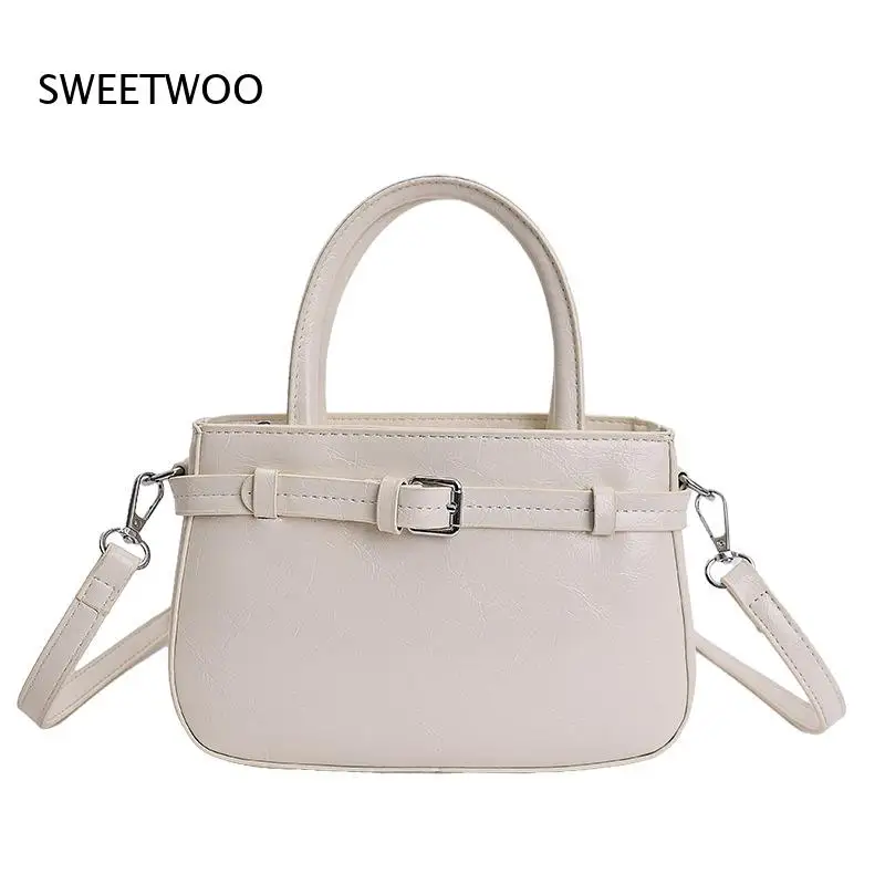 Solid Mini Handle Tote Bag Front Belt Buckle Decor Removable Crossbody Strap Soft Faux Leather Small Handbag