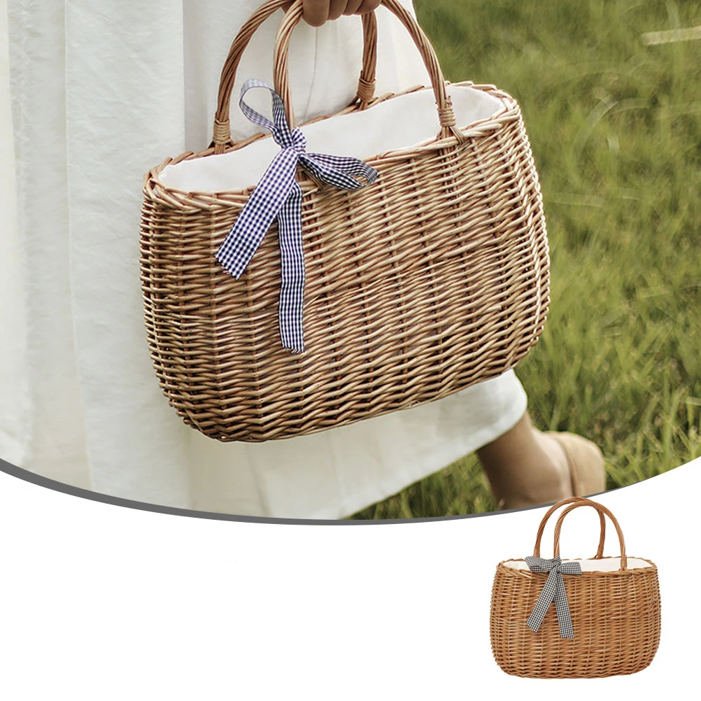

Rattan Handwoven Basket Woven Storage Container Portable Vegetable Basket Multi-purpose HomeDecoration Natural