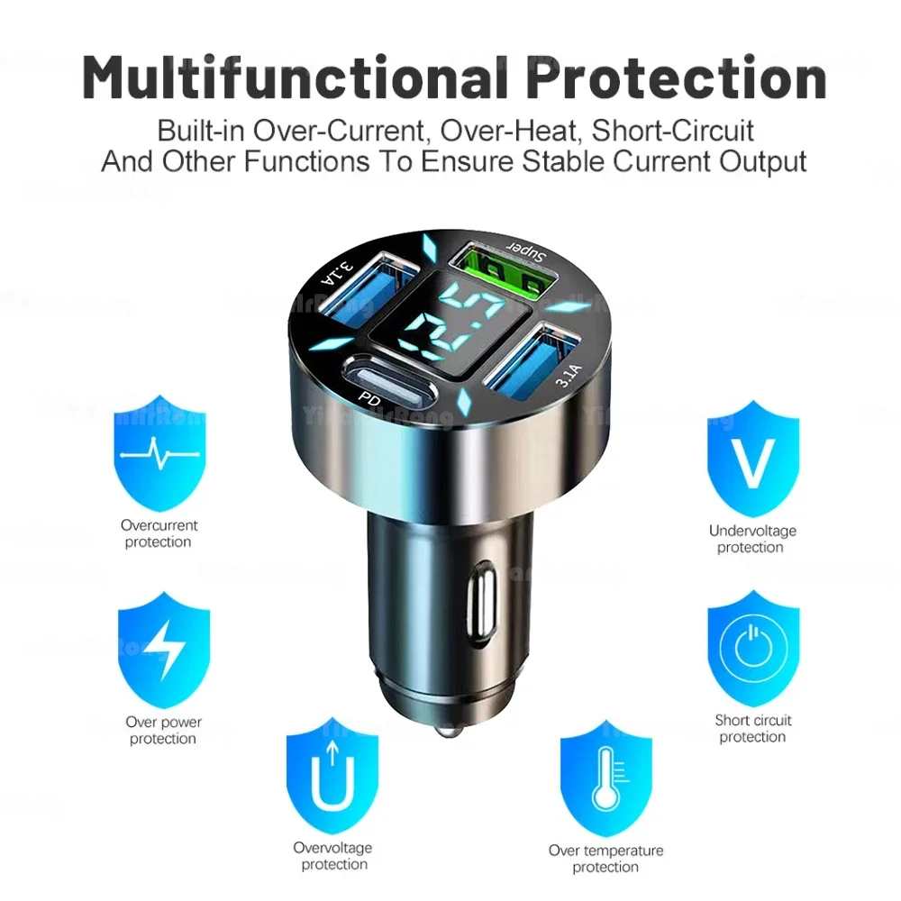 ที่ชาร์จในรถยนต์แบบ USB 4 พอร์ต ชาร์จเร็ว PD Quick Charge 3.0 อะแดปเตอร์ชาร์จโทรศัพท์ในรถยนต์แบบ USB C สำหรับ iPhone 13 12 Xiaomi Samsung