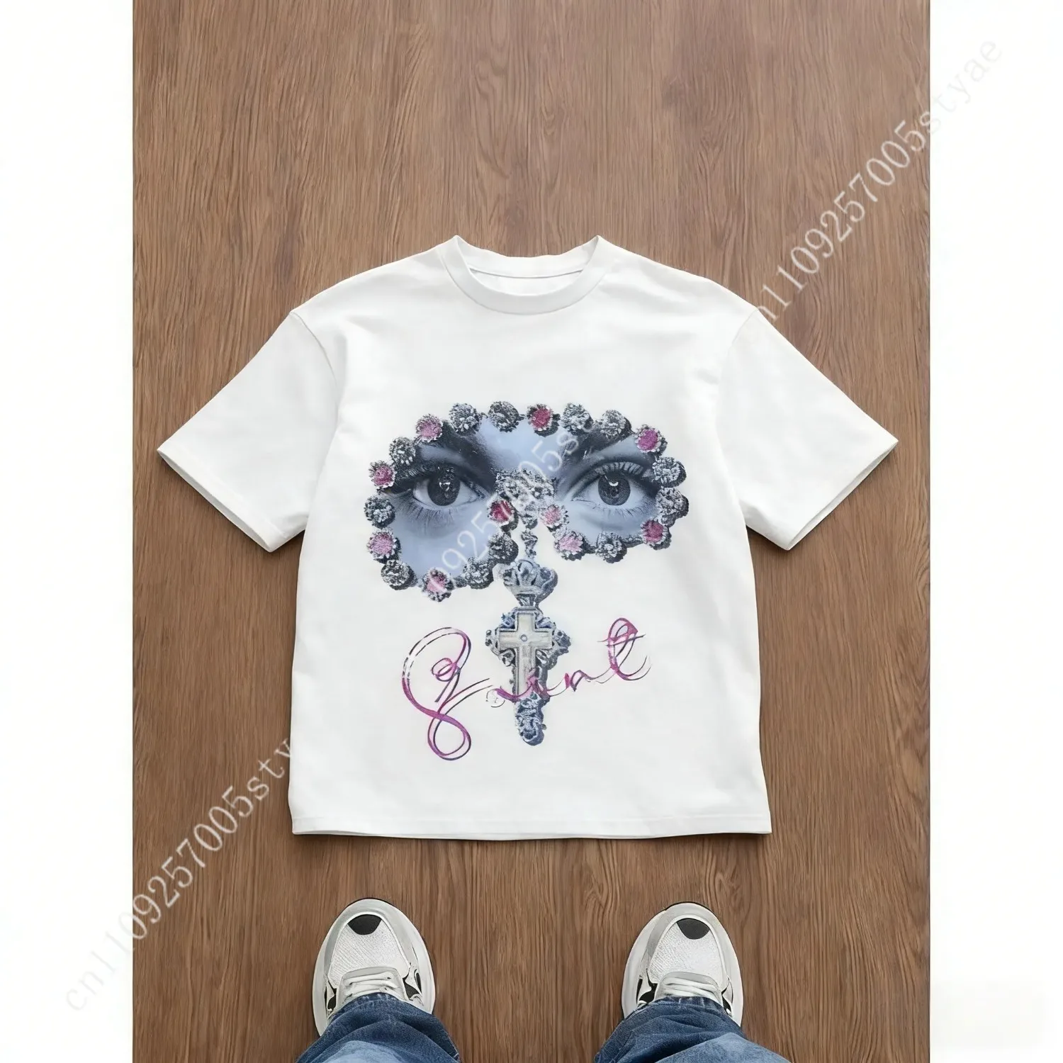 Men's Loose Fit Graphic Print T-Shirt, Y2K Style, Gem Embellished Eye Cross Pattern, All-Season Casual Wear, Unisex Street Fashi
