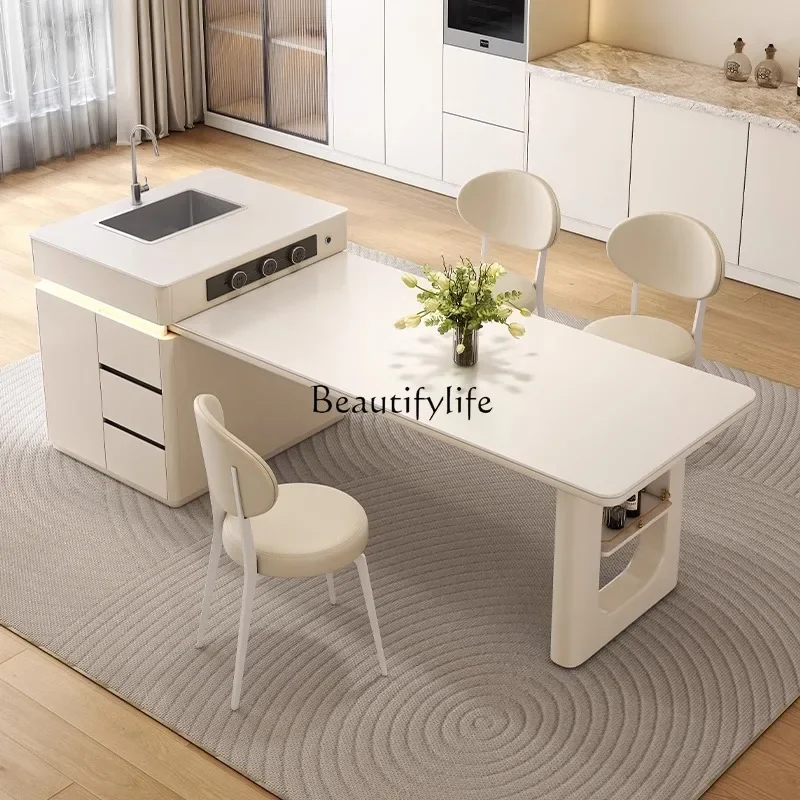 

Cream wind rock slab island table integrated retractable simple modern middle island kitchen high-end sink collapse
