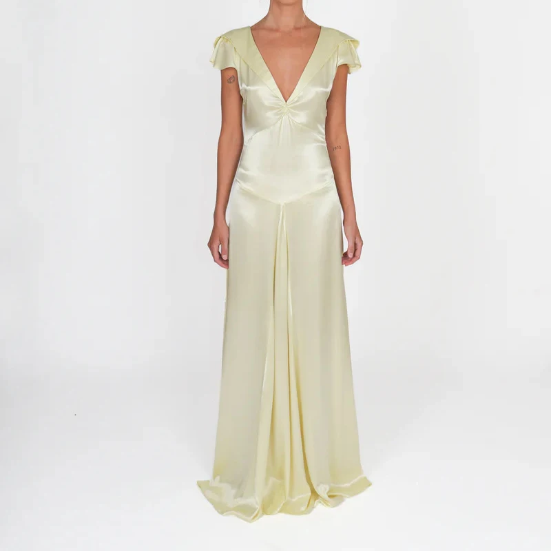 Mode V-hals Grote Backless Satijnen Maxi-jurk Elegante Dames Effen Kleur Slanke Banketjurk Zomer Nieuwe Mouwloze Veterjurken