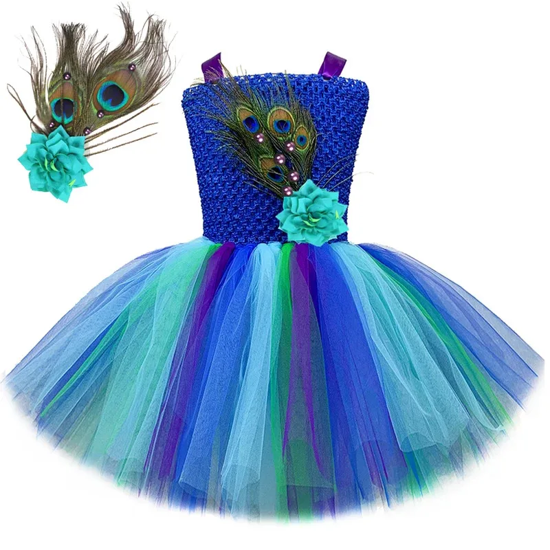 

Royalblue Peacock Costumes for Girls Carnival Halloween Fancy Dresses for Kids Birthday Party Tutus Outfit with Flower Feathers