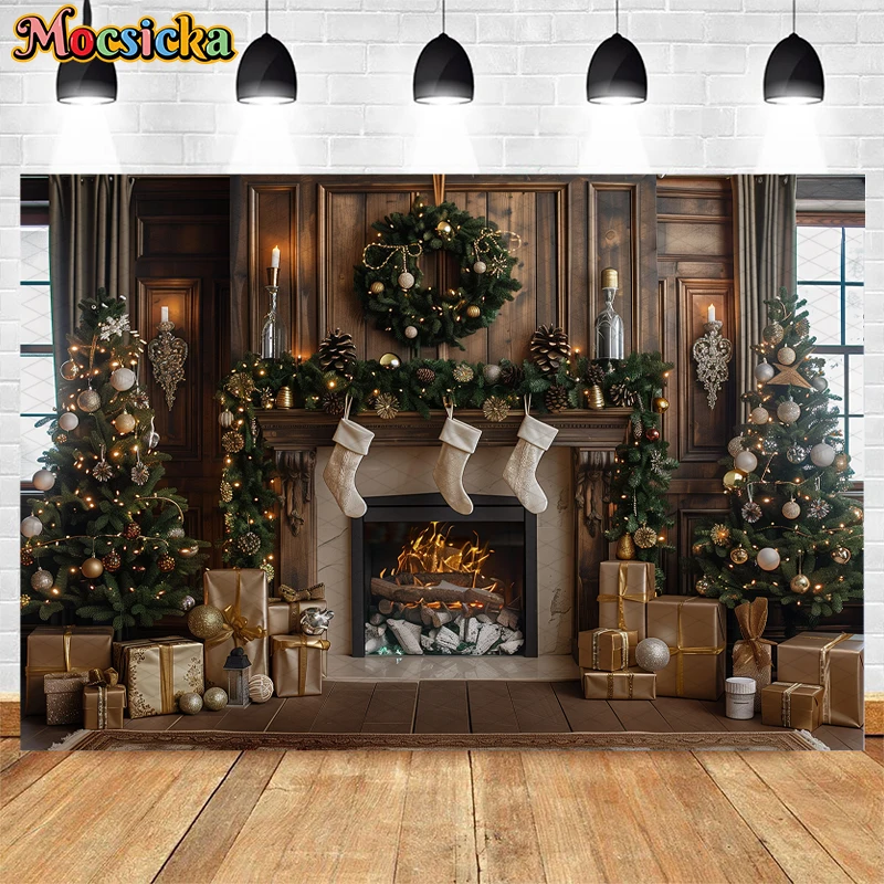 Mocsicka Merry Christmas Photography Backdrop Winter Xmas Tree Fireplace Decor Holiday Party Kid Adult Portrait Photo Background