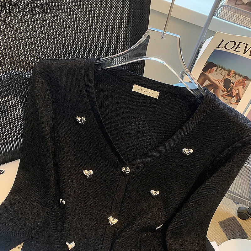 Cardigan en Tricot à Col en V pour Femme, Simple Boutonnage, Slim, Blanc, Noir, Pull, Collection Printemps Automne 2024