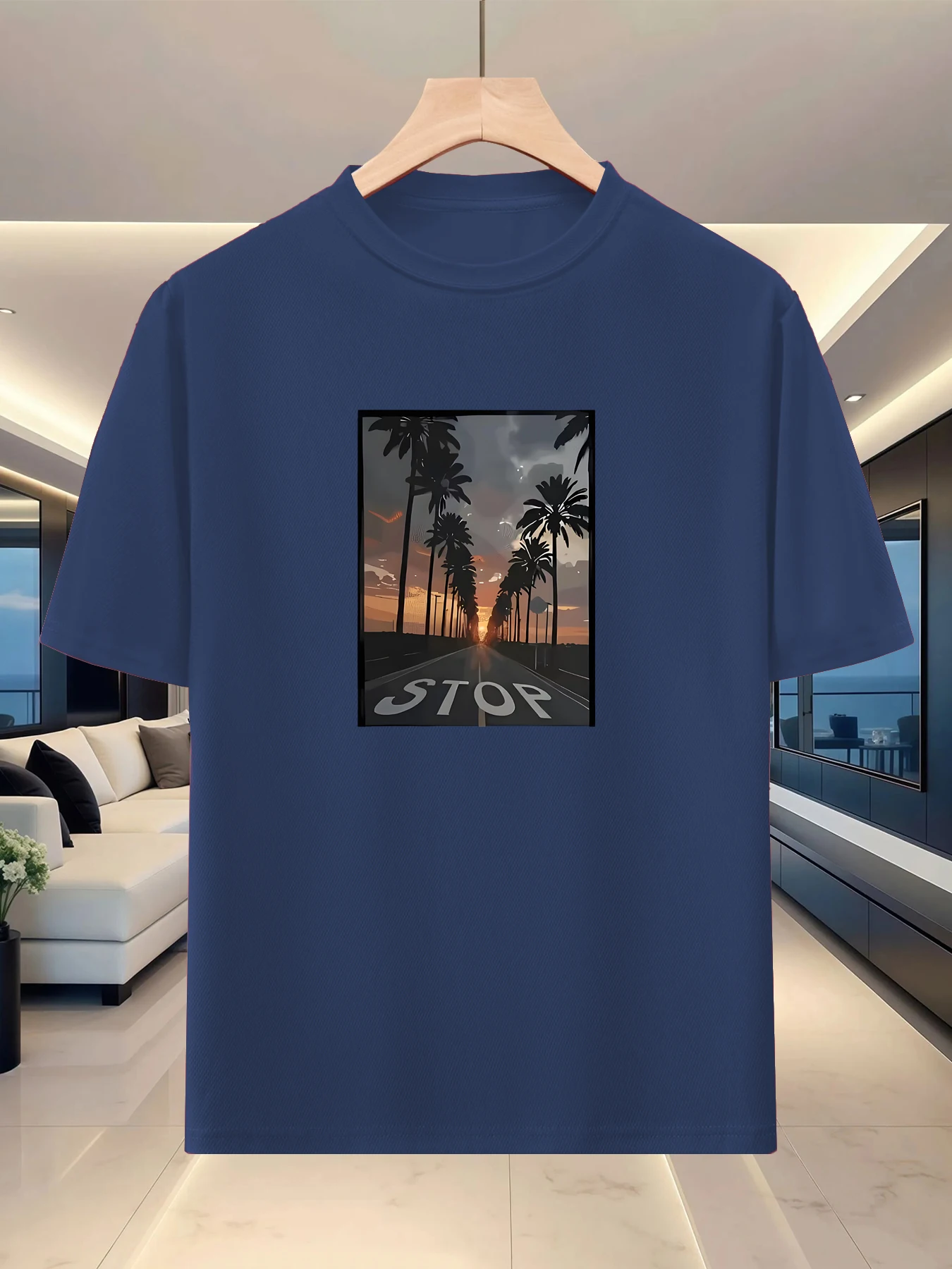 Low key and relaxed men's round neck off shoulder T-shirt with trendy graphic printing and lazy half sleeved shirt for travel