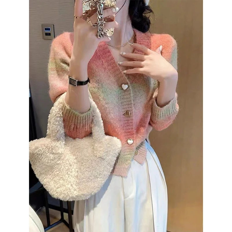 Women Autumn Fashion Loose Trend Love Buttons Gradient Color V-neck 3/4 sleeve Knitwear Ladies Casual All-match Knitting Coat