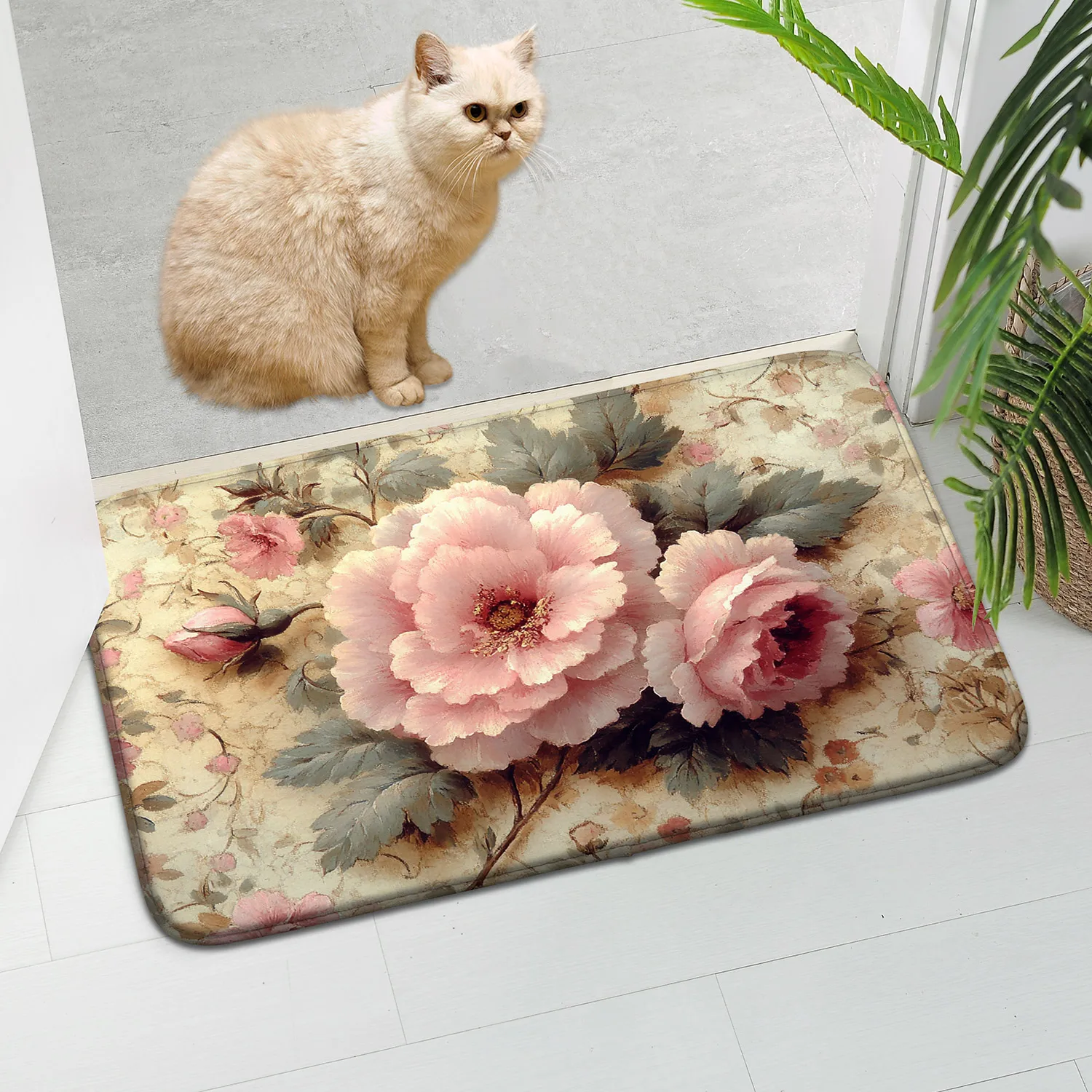 1-teilige Frühlings-Fußmatte mit frischen rosa und weißen Pfingstrosenblüten – weiche Polyester-Bodenmatte, rutschfest, leicht, Wohnzimmer, Badewanne