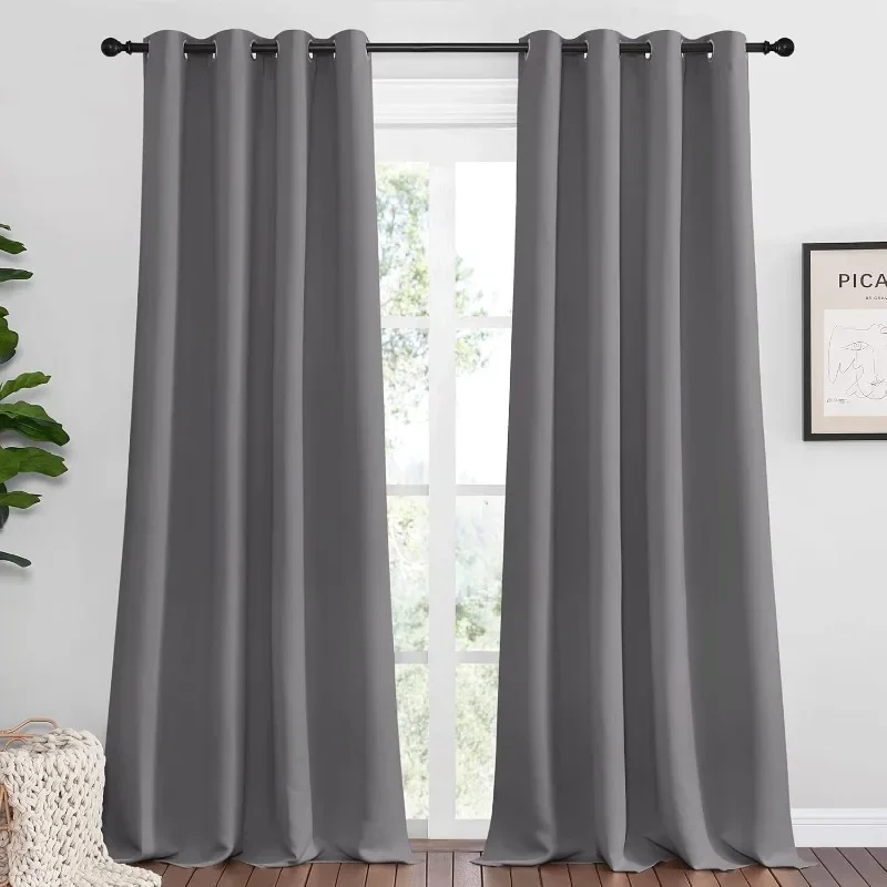 

Bedroom Blackout Curtains Panels, 1 Pair, 55 inches by 102 Inch, Grey, Triple Weave Energy Saving Thermal Insulated Solid