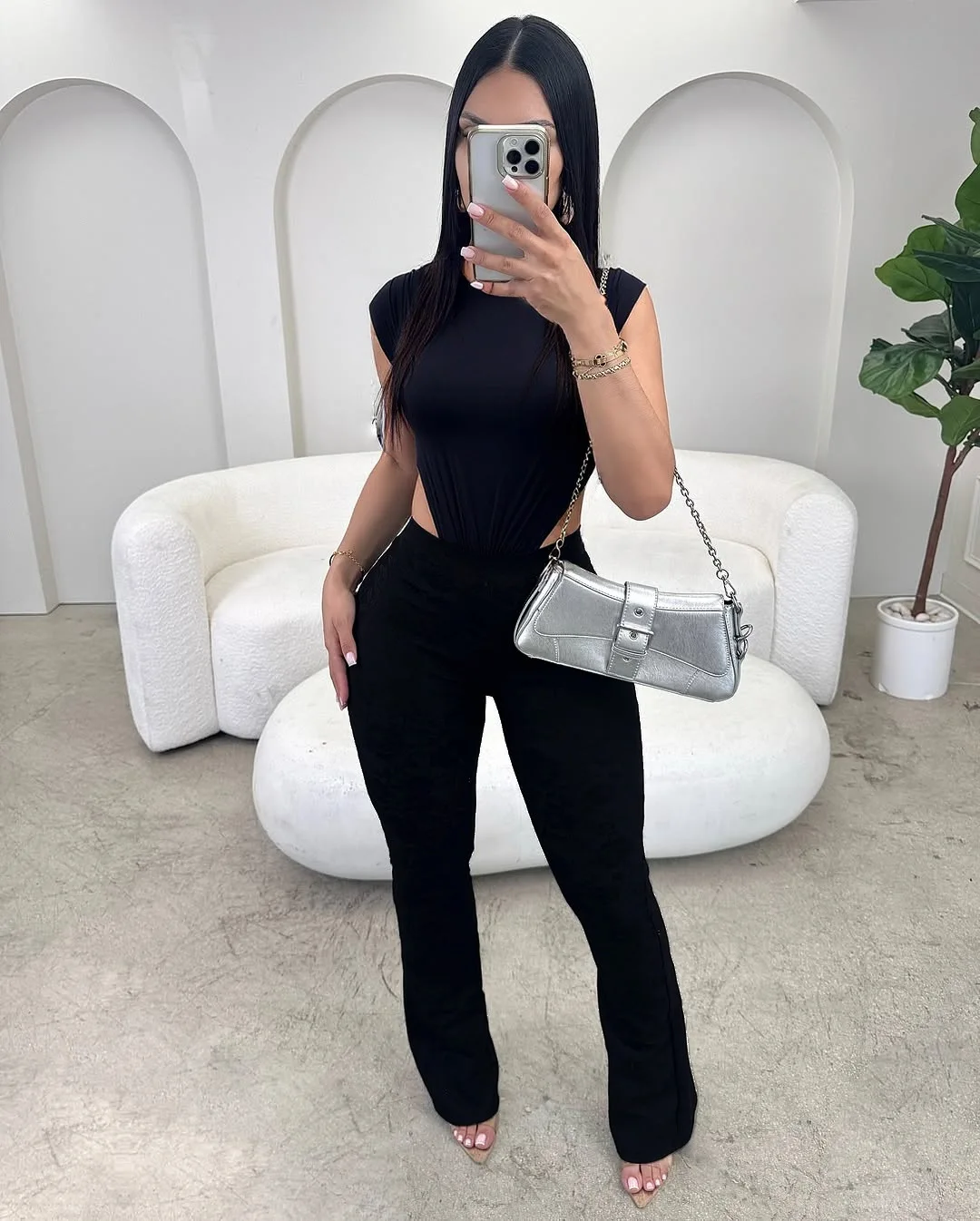 

DSMTRC Sexy Sleeveless O-Neck Side Split Bodysuit+Flare Pants Two Piece Sets Women Tracksuits Stretch Midnight Matching Clubwear