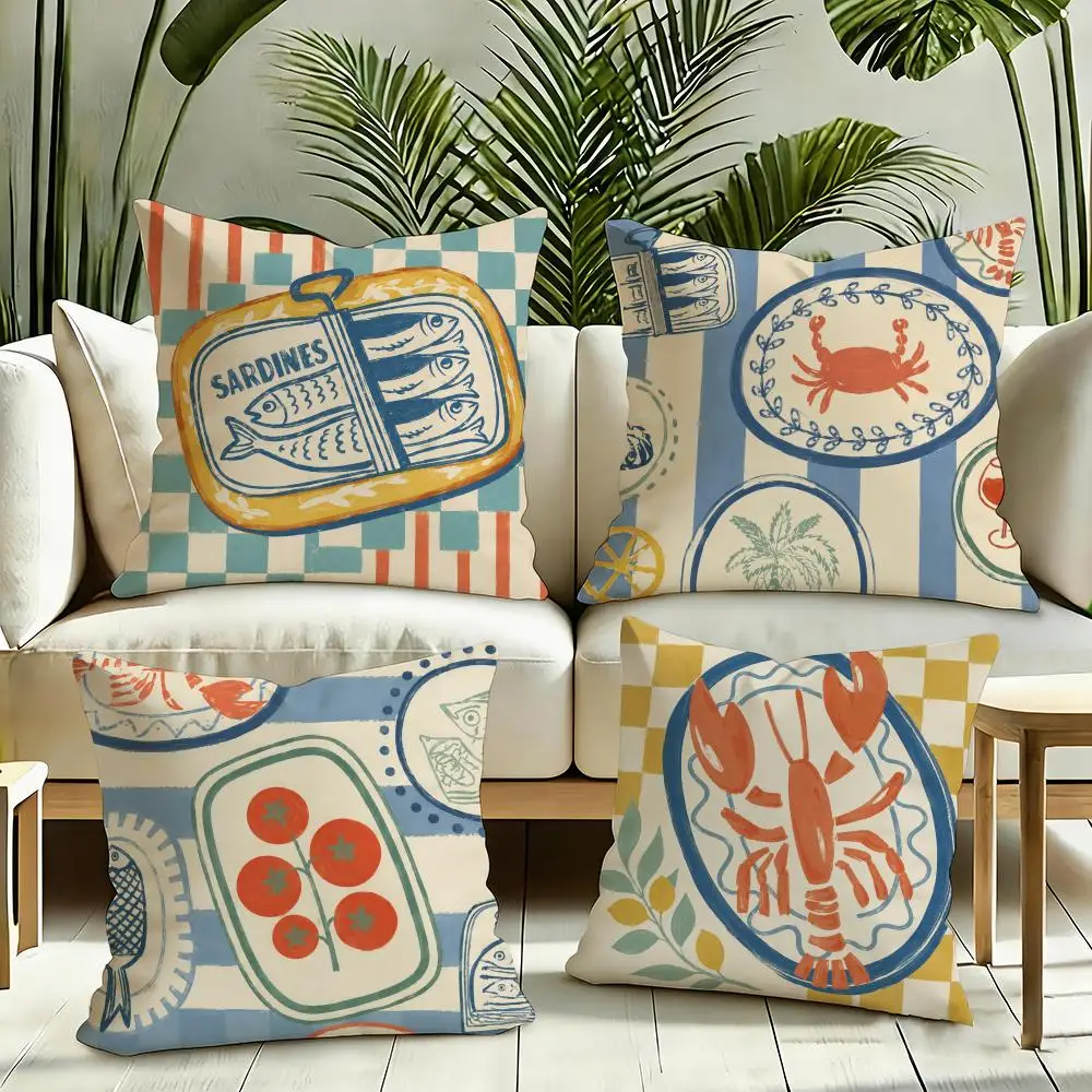 Mediterranean Seafood Plates Cushion Cover Silky Short Plush Invisible Zipper Dustproof Sofa Pillow Case for Home Decor