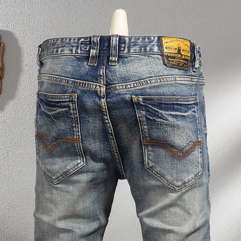 Retro Distressed Cat Scratch Stretch Jeans Men's Fashionable Slim Fit Trendy Washed Wear-White High Street Motorcycle Trousers