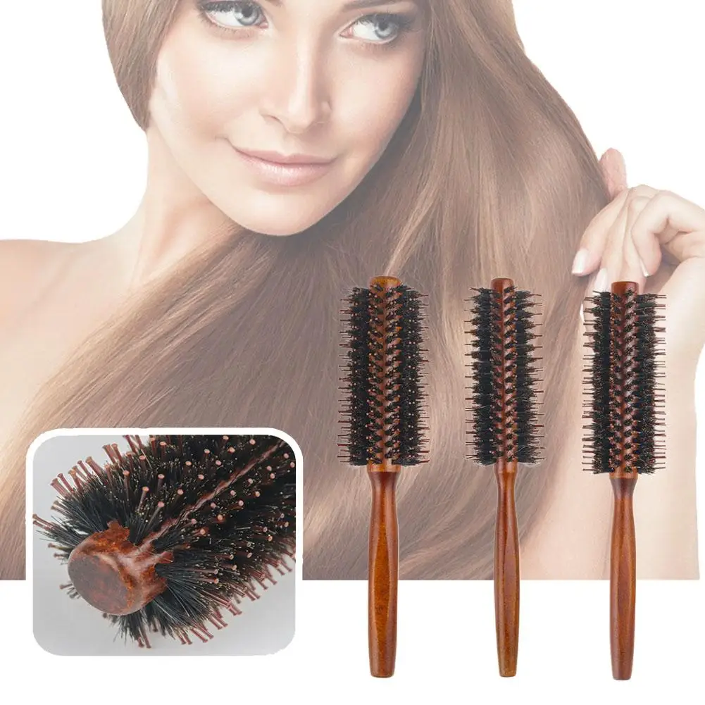 Natural Boar Bristle Rolling Brush for Curly Hair Solid Wood Curly Hair Comb 1pcs Round Barrel Blowing Curly Hairbrush Tool Y2O9