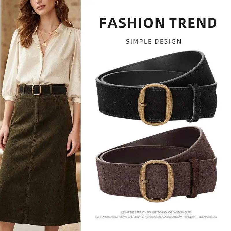 Vintage Suede Waist Belt Women Pin Buckle Frosted Matte Real Leather Waistband Maillard Belt for Jeans Dress Ceinture Pour Femme