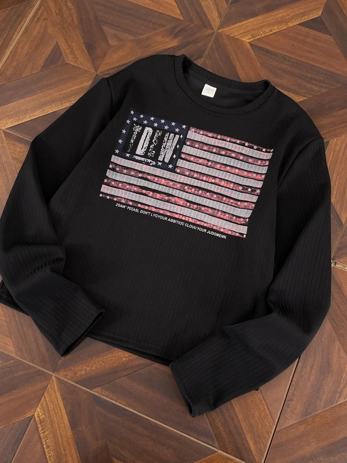 American Street Style Worn-In Print Black Base Shirt Men's Autumn  Lightweight Loose Long Sleeve T-Shirt Casual Top