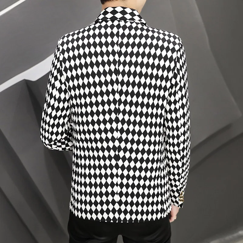 New 2024 Spring Autumn Casual Men's Slim Fit Plaid Suits & Blazers Coat Single Botton Small Suit Outwear Top Checker Thin Jacket