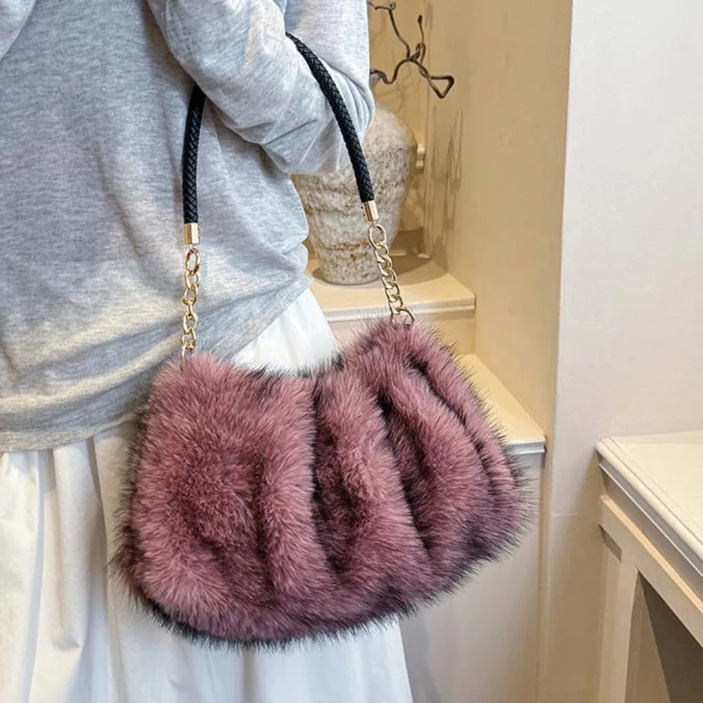 Large Capacity Fluffy Shoulder Bag Ruched Soft Texture Handbag. Cozy Design Luxury Style Furry Tote Party Night
