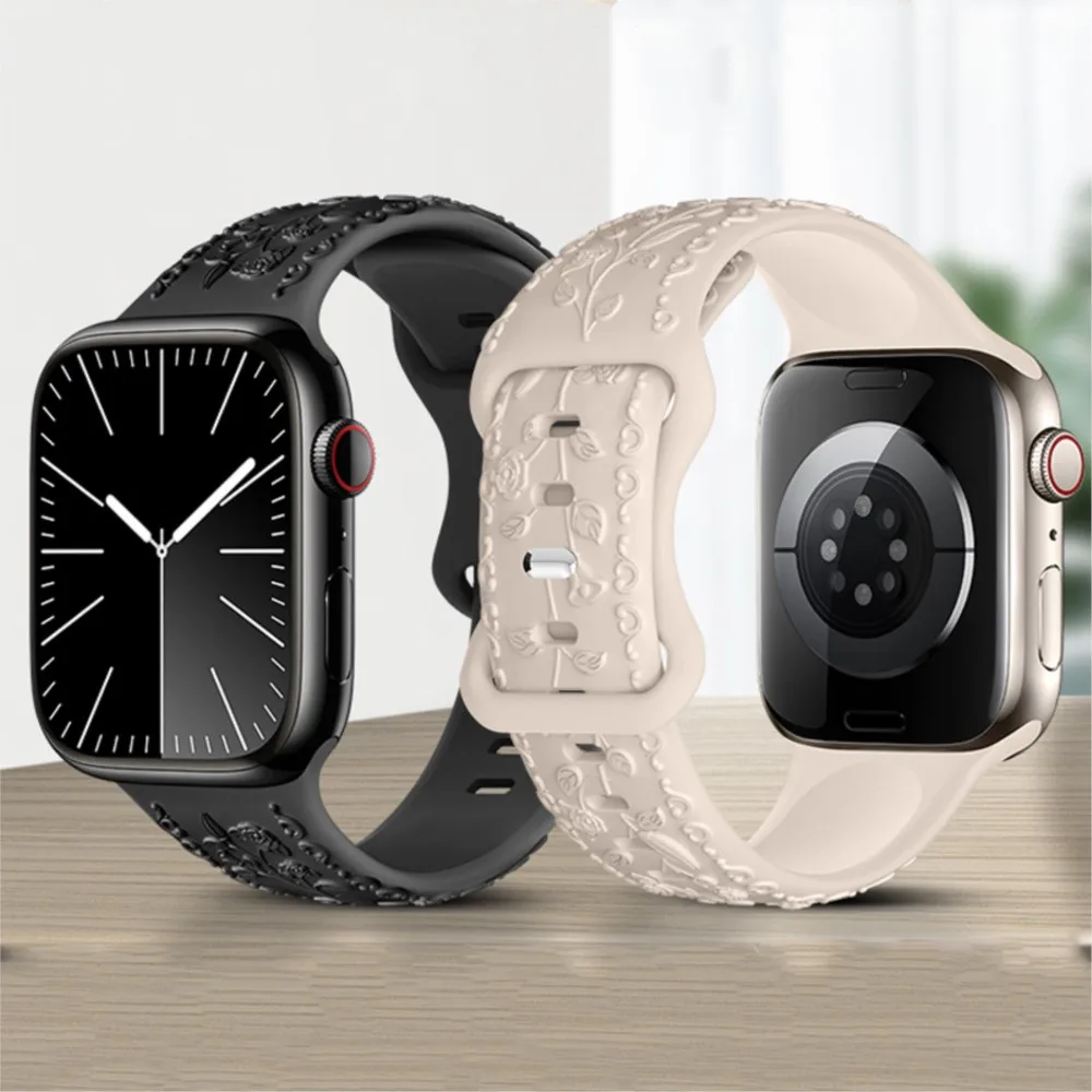 Flower Engraved Strapfor Apple Watch Band 44mm 40mm 49mm 41mm 45mm 38mm 42mm bracelets iwatch series 10 9 8 7 6 Ultra 2 se band