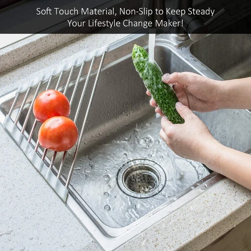 Roll Up Dish Drying Rack for Sink Corner Over the Sink Sponge Holder Foldable Stainless Steel Drainer