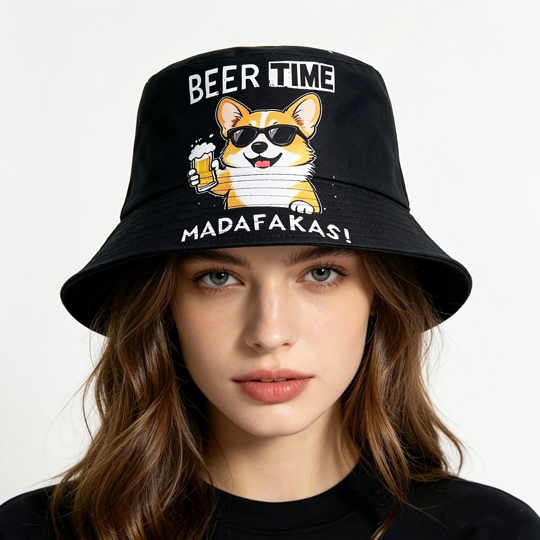 Unisex Reversible Beer Puppy Summer Beach Street Double-sided Bucket Hat Vacation Casual Hat Printed Fisherman Hat Suitable Gift