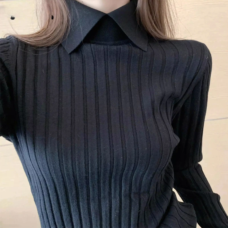 

Women Korean Fashion Elegant Polo Collar Ribbed Knitted Sweater Autumn Winter Solid Long Sleeve Slim Pullover Tops Basic Z563