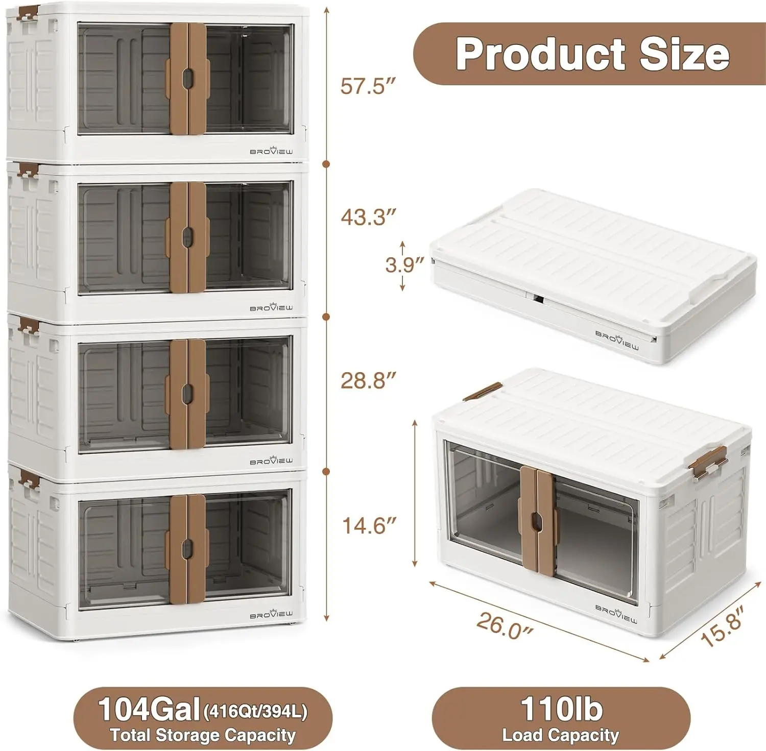 Stackable Storage Bins with Lids, 104 Gal Closet Organizers with Wheels, Open Front Collapsible Storage Boxes, Plastic Foldable