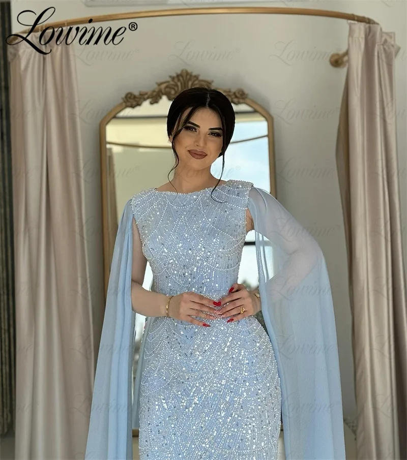 Abendkleider Blue Mermaid Prom Dresses 2024 Customize Arabic Dubai Beaded Formal Evening Gowns For Women Cape Sleeve Party Dress