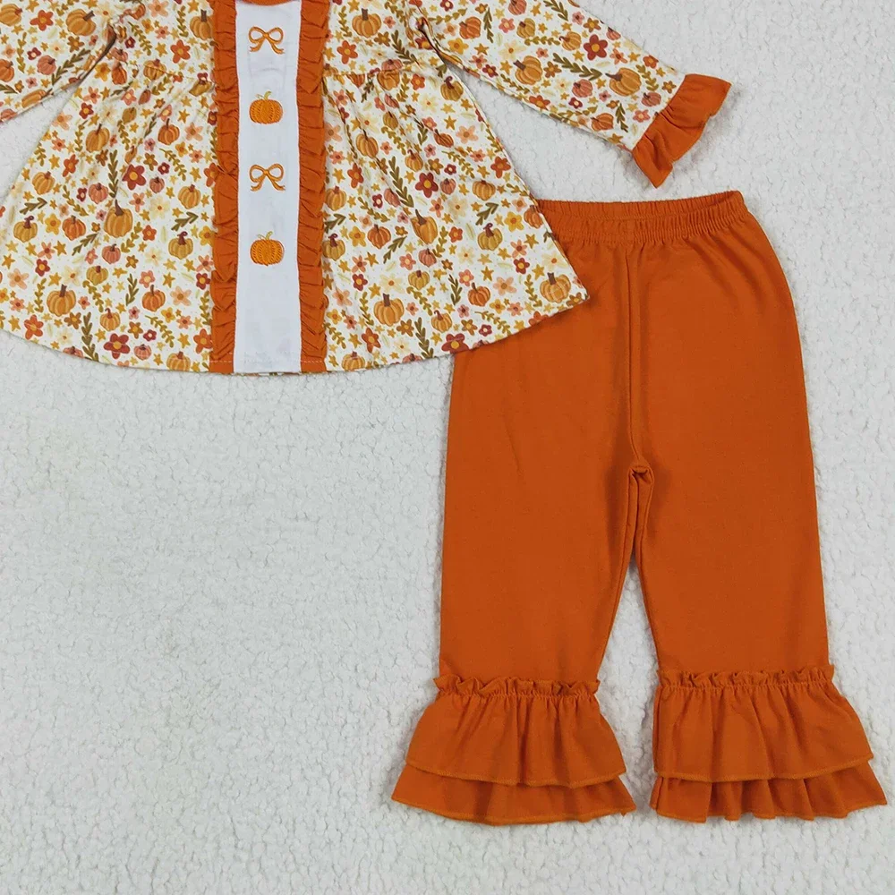 طفلة الملابس التطريز طفل الفتيات الخريف الزهور الانحناء القرع تونك كشكش السراويل مجموعات