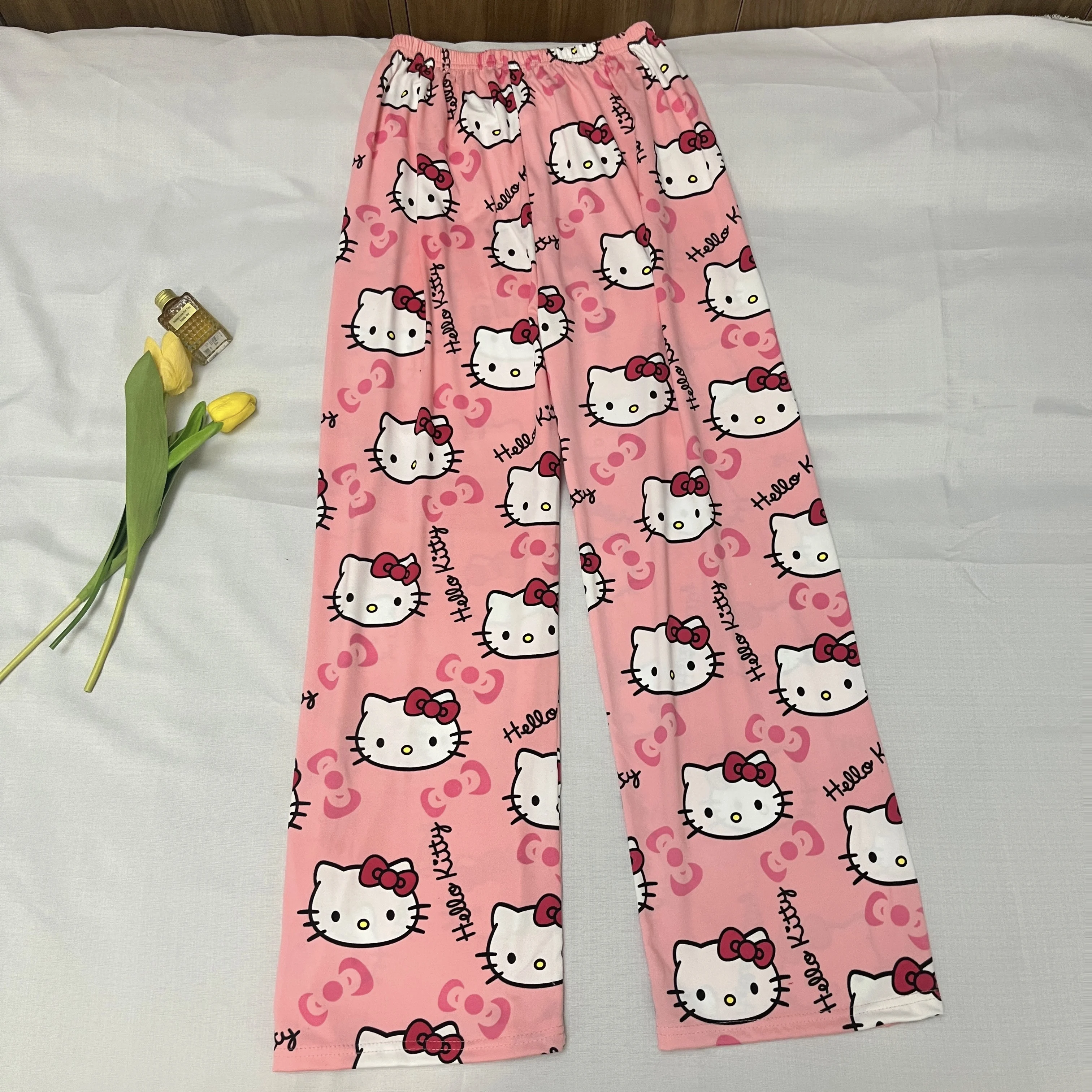 Sanrio Hello Kitty Calça fina de pijama feminina casual, calça macia, solta e respirável, presente, verão, nova