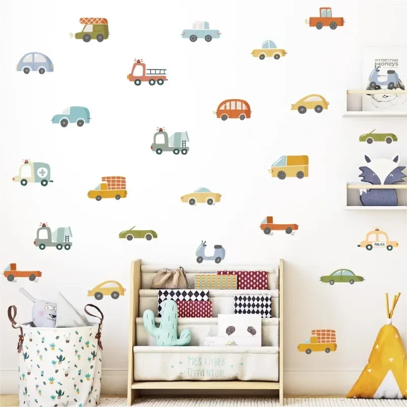 6sheet/57pcs Cartoon Wall Stickers Waterproof Decoration Transportation Vehicle for Home Bedroom Background Children Room