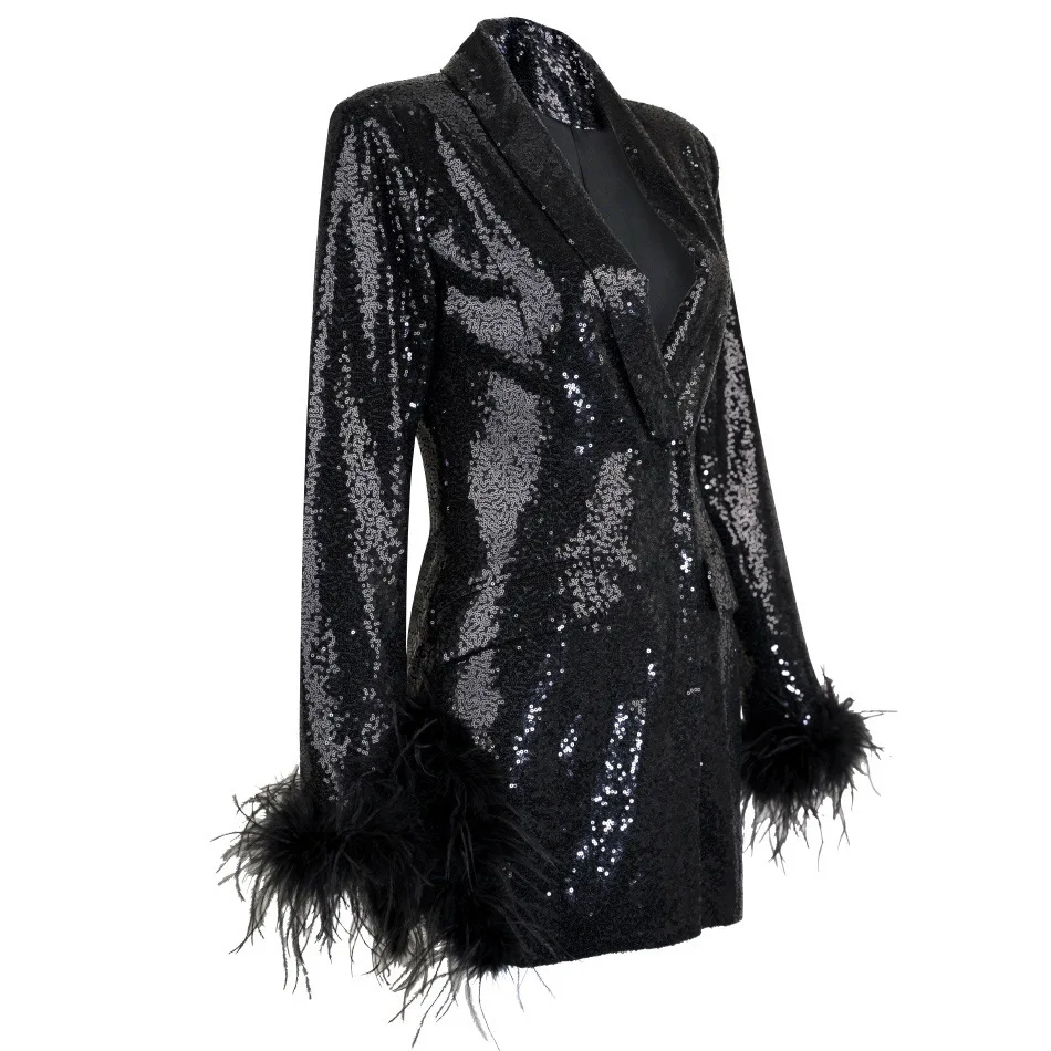 autumn winter fashionable European American sequined deep V-neck feather sleeve black suit jacket ropa mujer blazer vrouwen traf