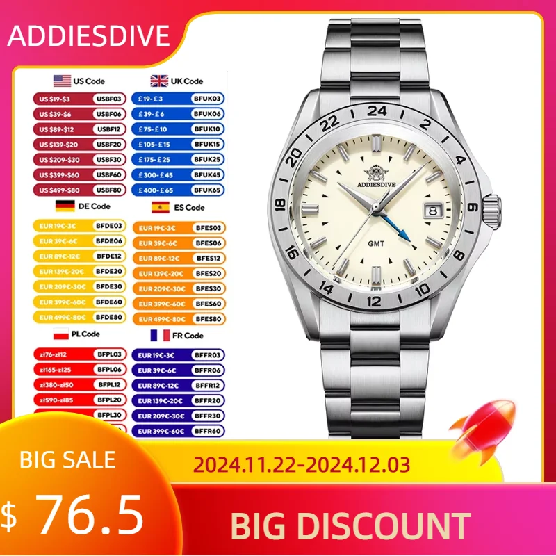 ADDIESDIVE New Sapphire GMT Quartz Watch For Men 38mm Stainless Steel Bezel AD2063 Watches 20Bar Waterproof Diver relojes hombre