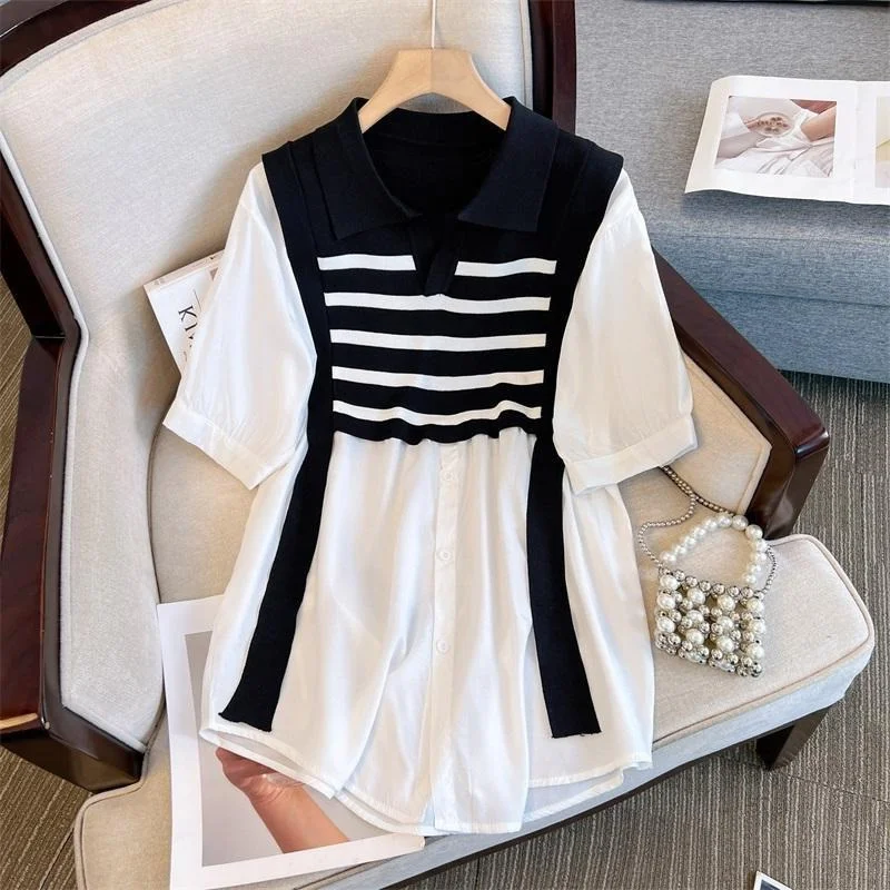 

Летняя корейская миди-рубашка больших размеров (до 300 фунтов), полосатая, скрывающая живот, с эффектом омоложения, с открытым воротником, короткий рукав